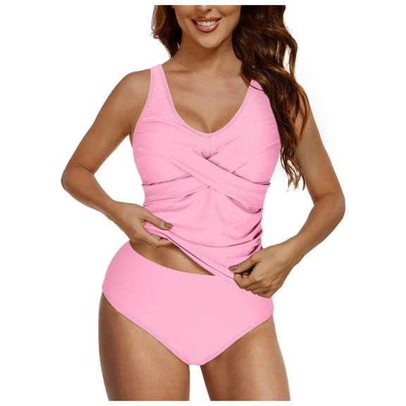 felwors Women's Tankini Swimsuits Two Piece Ruched Tummy Control Bathing Suits with High Waisted Bottom Modest Swimwear(Pink, XL)