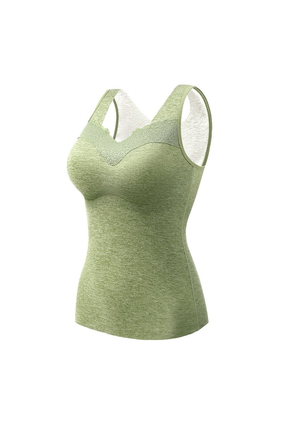 Women's Thermal Tank Top with Built-in Bra - Lace V-Neck Fleece Lined Slim Fit Base Layer Vest Green, L