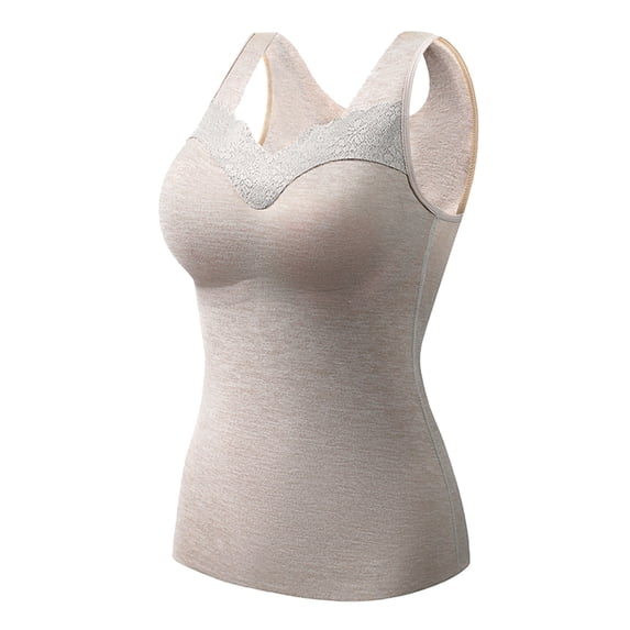 felwors Women's Thermal Tank Top with Built-in Bra - Lace V-Neck Fleece Lined Slim Fit Base Layer Vest Khaki, XL
