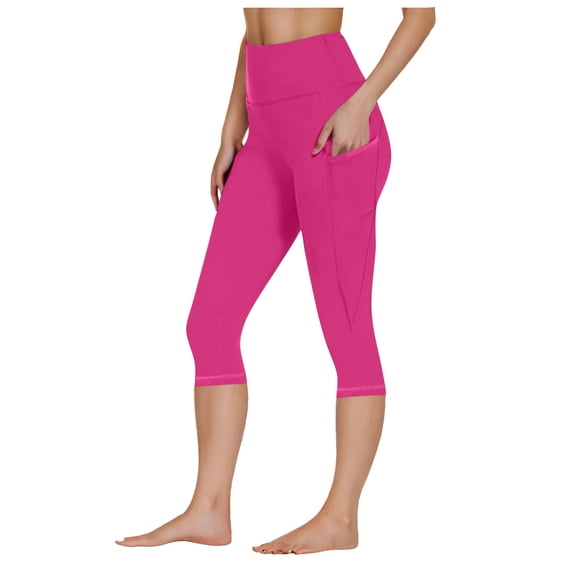 felwors Women's Thick High Waist Capris Yoga Pants Workout Leggings Hot Pink for Size M