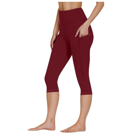 felwors Women's Thick High Waist Capris Yoga Pants Workout Leggings Wine for Size XL