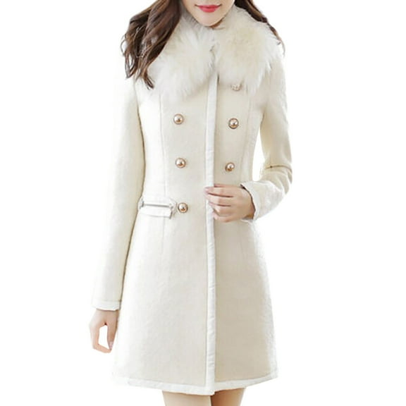 felwors Women's Thick Warm Mid-Long Wool Coat Single Breasted Overcoat A-line Faux Fur Lapel Warm Trench Coat Jacket White, S