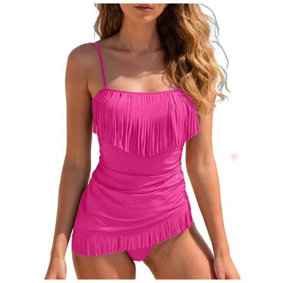 felwors Women's Thin Strap Square Neck Fringe Trim Ruched Bra Sized Two-Piece Tankini Swimsuit Set(Hot Pink, L)