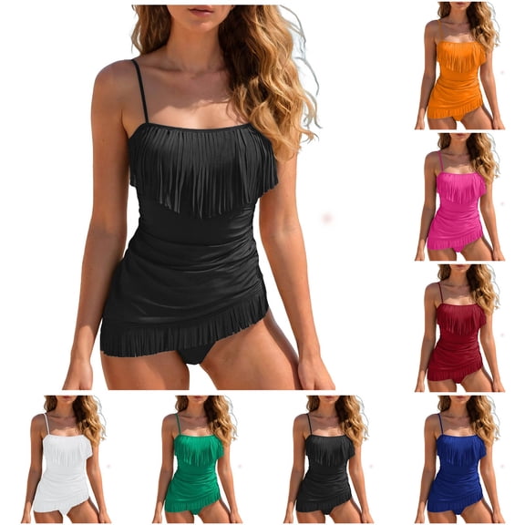 felwors Women's Thin Strap Square Neck Fringe Trim Ruched Bra Sized Two-Piece Tankini Swimsuit Set(Hot Pink, M)