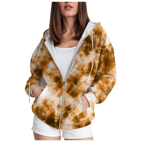felwors Women's Tie-Dye Oversized Zip Up Hoodie Jacket Cotton Fleece Lined with Pockets Brown for Size M