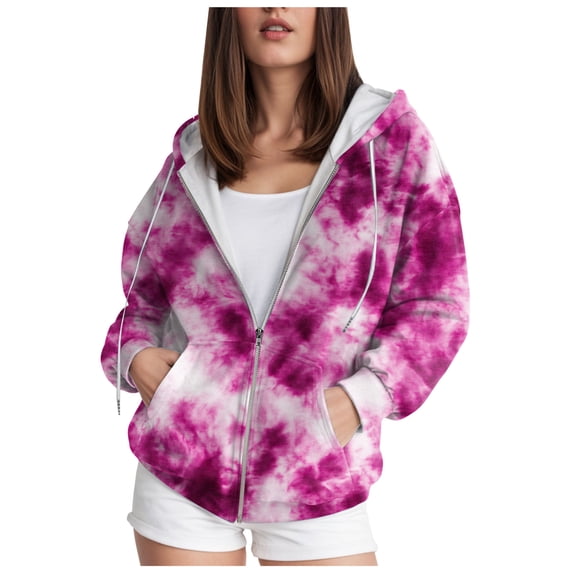 felwors Women's Tie-Dye Oversized Zip Up Hoodie Jacket Cotton Fleece Lined with Pockets Pink for Size L