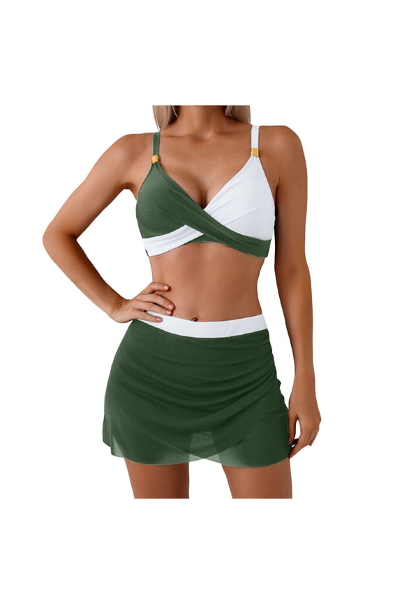Women's Two-Piece Cross-Front Bustier Bikini Set - Decorative Strap Ruched Skirted Bottom Tummy Control Swimwear(AG, XL)