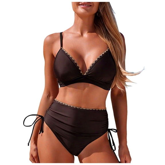 felwors Women's Two-Piece High Waisted Push Up Bikini - Vintage Retro Ruched Print Swim & Beach Set(Coffee, M)