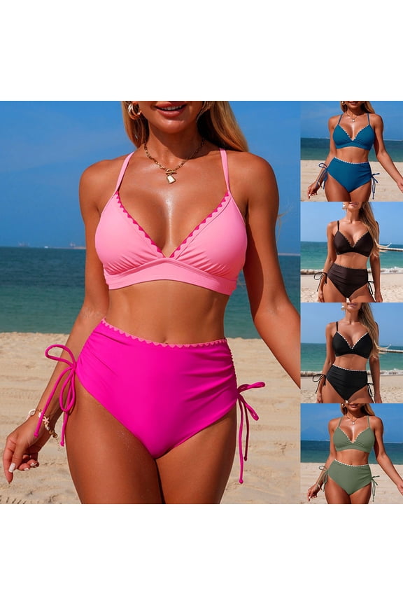 Women's Two-Piece High Waisted Push Up Bikini - Vintage Retro Ruched Print Swim & Beach Set(Hot Pink, L)