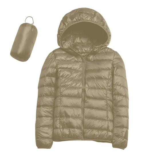 felwors Women's Ultralight Packable Hooded Down Jacket Puffer Down Coats Khaki, XXL