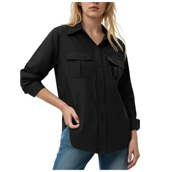 felwors Women's Utility Button-Down Shirt - Multi-Pocket Long Sleeve Workwear Blouse for Outdoor & Casual Wear Black, L