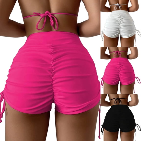 felwors Women's V Cross High Waisted Swim Shorts Ruched Side Tie Boy Shorts Swimsuit Bottoms with Liner (Hot Pink, XL)