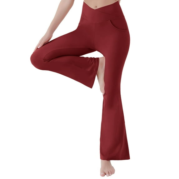 felwors Women's V Crossover Flare Leggings with Pockets Yoga Pants High Waist Casual Workout Gym Bell Bottom Leggings , L