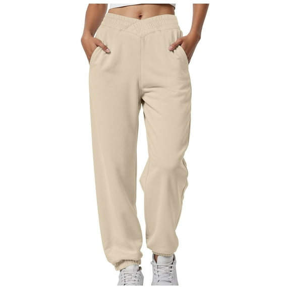 felwors Women's V Crossover Waist Sweatpants Baggy Y2K Jogger Pants Wide Leg Fleeced Lounge Pants Beige, XXL
