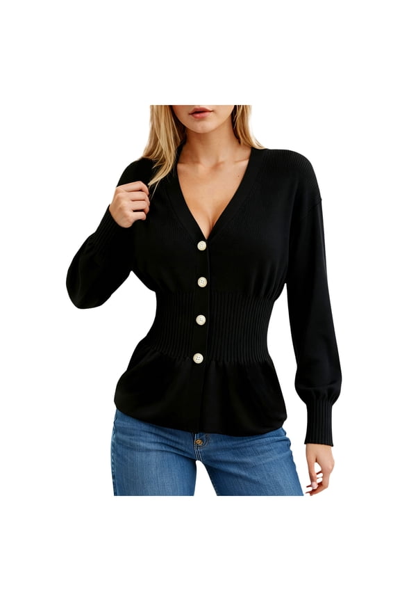 Women's V-Neck Button Down Cardigan - Waist Cinched Peplum Hem Knit Sweater Black, XXL