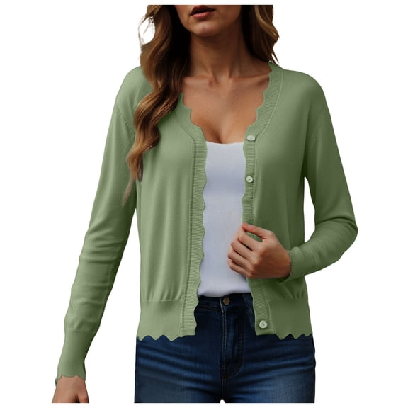 felwors Women's V Neck Long Sleeve Scalloped Knit Cardigan Lightweight Soft Sweater AG, XXL