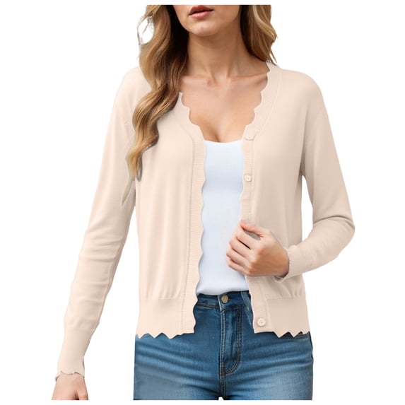 felwors Women's V Neck Long Sleeve Scalloped Knit Cardigan Lightweight Soft Sweater Beige, XXL