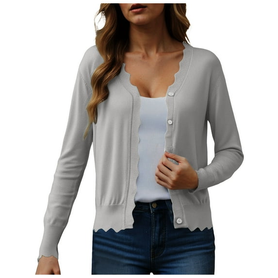 felwors Women's V Neck Long Sleeve Scalloped Knit Cardigan Lightweight Soft Sweater Grey, XXL