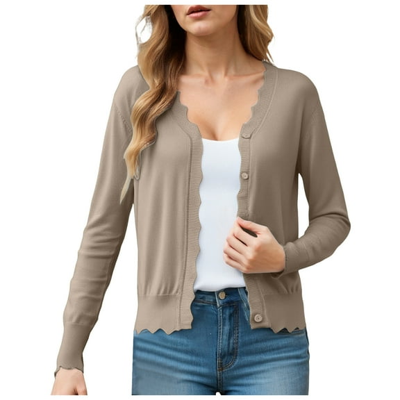 felwors Women's V Neck Long Sleeve Scalloped Knit Cardigan Lightweight Soft Sweater Khaki, M