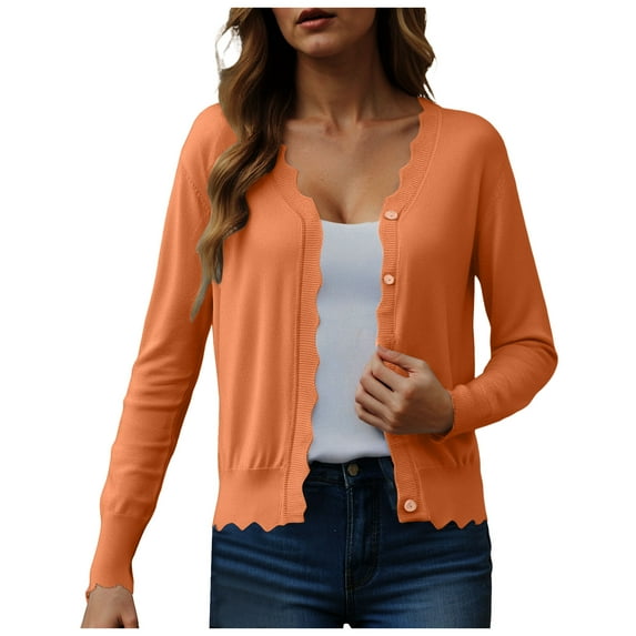felwors Women's V Neck Long Sleeve Scalloped Knit Cardigan Lightweight Soft Sweater Orange, XL