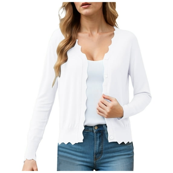 felwors Women's V Neck Long Sleeve Scalloped Knit Cardigan Lightweight Soft Sweater White, L