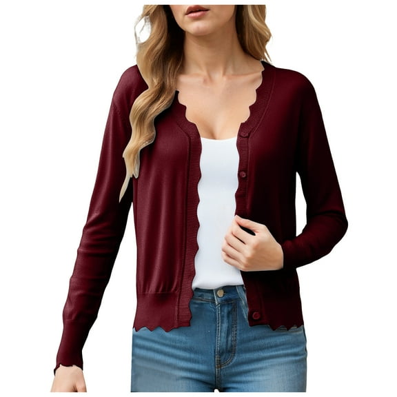 felwors Women's V Neck Long Sleeve Scalloped Knit Cardigan Lightweight Soft Sweater Wine, L