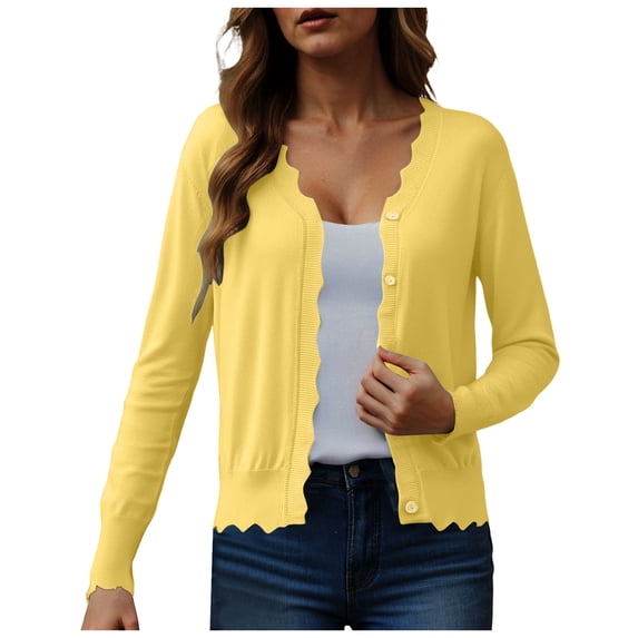 felwors Women's V Neck Long Sleeve Scalloped Knit Cardigan Lightweight Soft Sweater Yellow, XXL
