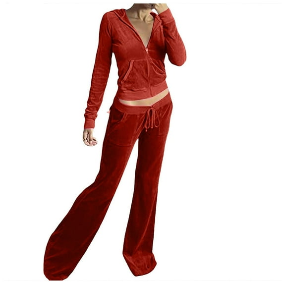 felwors Women's Velvet Two Piece Tracksuit - Long Sleeve Zip Up Hooded Jacket & Wide Leg Pants Set with Pockets, Y2K Loungewear for Everyday Brick Red, XS