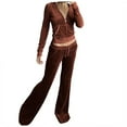 thumbnail image 1 of felwors Women's Velvet Two Piece Tracksuit - Long Sleeve Zip Up Hooded Jacket & Wide Leg Pants Set with Pockets, Y2K Loungewear for Everyday Coffee, XS, 1 of 6