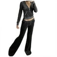 thumbnail image 1 of felwors Women's Velvet Two Piece Tracksuit - Long Sleeve Zip Up Hooded Jacket & Wide Leg Pants Set with Pockets, Y2K Loungewear for Everyday Black, M, 1 of 6