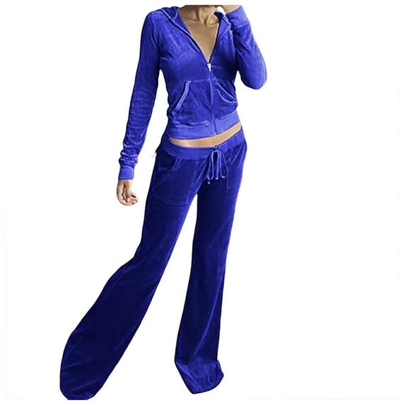 felwors Women's Velvet Two Piece Tracksuit - Long Sleeve Zip Up Hooded Jacket & Wide Leg Pants Set with Pockets, Y2K Loungewear for Everyday Blue, XS