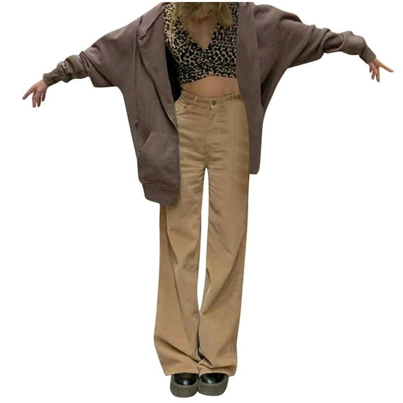 felwors Women's Vintage Corduroy High Elastic Waist Wide Leg Pocketed Pants Trouser Beige, M