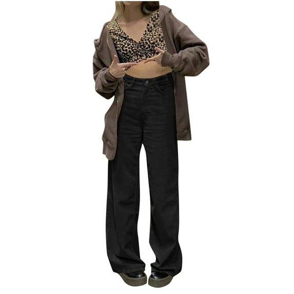 felwors Women's Vintage Corduroy High Elastic Waist Wide Leg Pocketed Pants Trouser Black, L