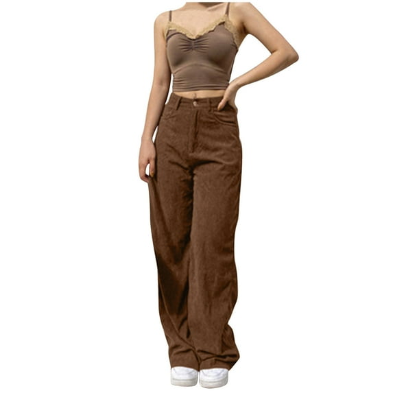felwors Women's Vintage Corduroy High Elastic Waist Wide Leg Pocketed Pants Trouser Brown, L