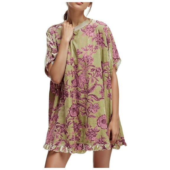 felwors Women's Vintage Velvet Dress Round Neck Short Sleeve Floral Printed Mini Flowy Dress Khaki, L