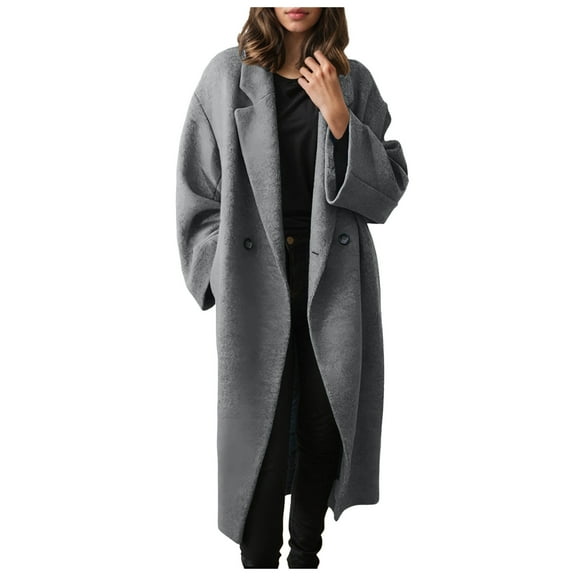 felwors Women's Winter Double Breasted Wool Coat Long Sleeve Notch Lapel Long Trench Coat Grey, XL