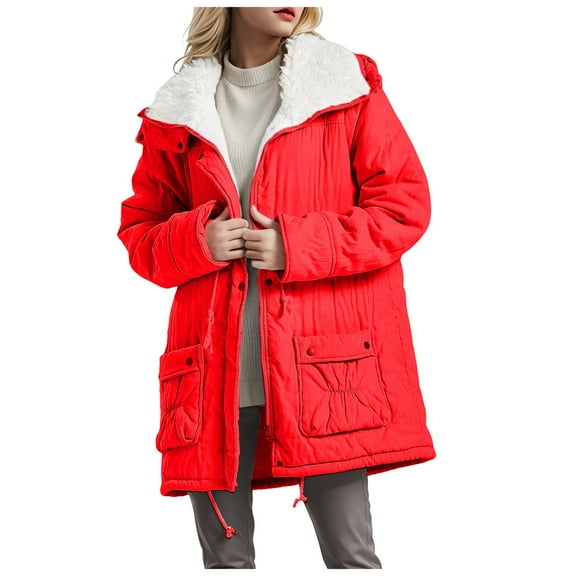 felwors Women's Winter Mid Length Thick Warm Lamb Wool Lined Jacket Coat Red, XL