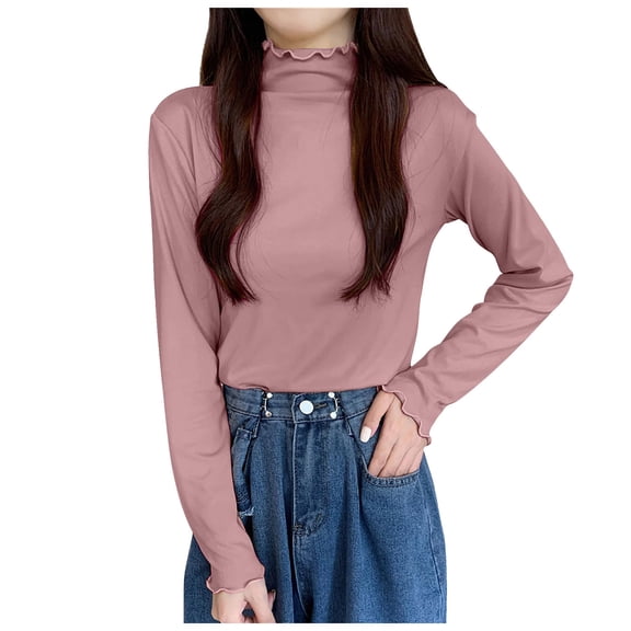 felwors Women's Winter Warm Wool-Lined Slim-Fit Blouse - Stand-Up Collar Long-Sleeved with Ruffled Details Pink, One Size