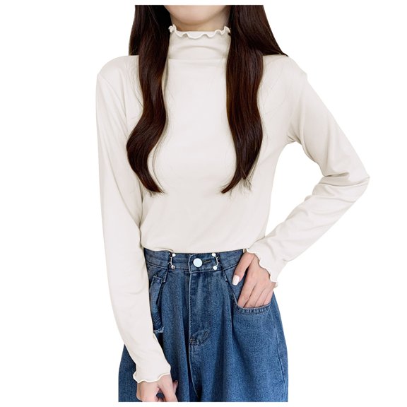 felwors Women's Winter Warm Wool-Lined Slim-Fit Blouse - Stand-Up Collar Long-Sleeved with Ruffled Details White, One Size