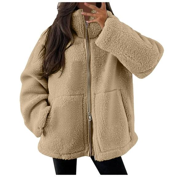 felwors Women's Wool Jacket - Oversized Two-Way Zip Sherpa Fuzzy Casual Coat, Fall & Winter 2025 with Pockets Khaki, XL