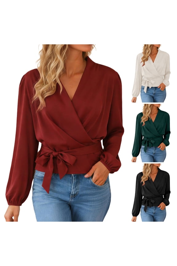 Women's Wrap Front Tie Waist Blouse V-Neck Long Sleeve Puff Sleeve Top with Adjustable Belt in Solid Colors(Green, XL)