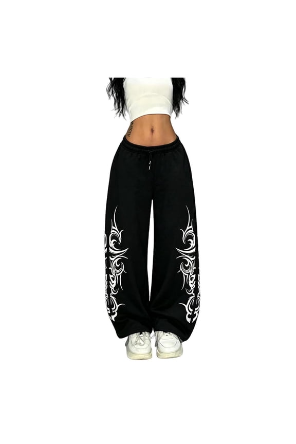 Women's Y2k Baggy Sweatpants Wide Leg Graphic Grunge Goth 2000s Emo Pants Streetwear with Pockets Black L