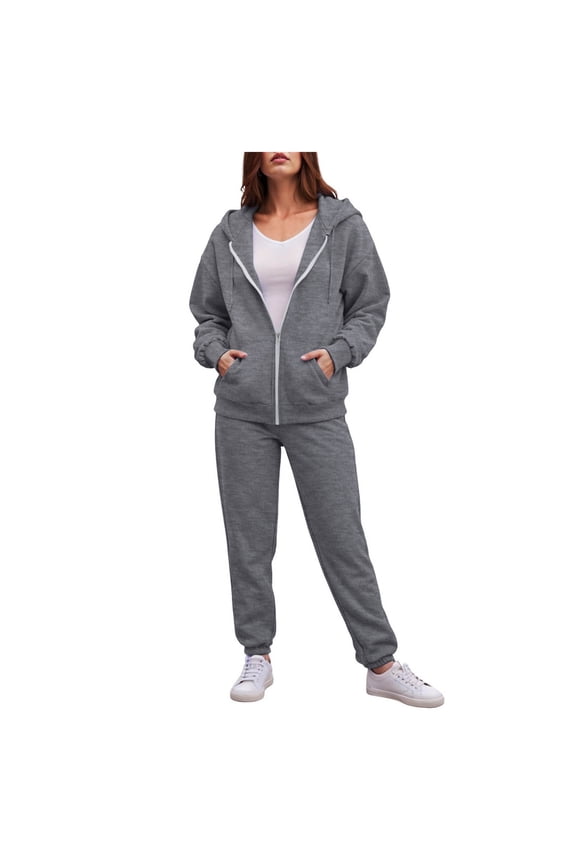 felwors Women's Zip-Up Hoodie Tracksuit Set Fleece Sweatshirt & Jogger Pants for Casual, Active, and Loungewear Dark Gray, L