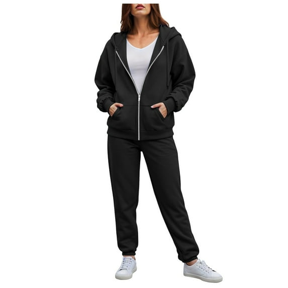 felwors Women's Zip - Up Hoodie Tracksuit Set Long Sleeve Hooded Jacket with Jogger Pants for Casual & Active Wear Black, S
