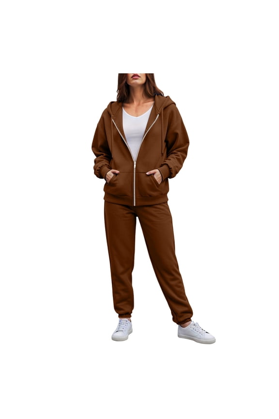 felwors Women's Zip - Up Hoodie Tracksuit Set Long Sleeve Hooded Jacket with Jogger Pants for Casual & Active Wear Brown, L