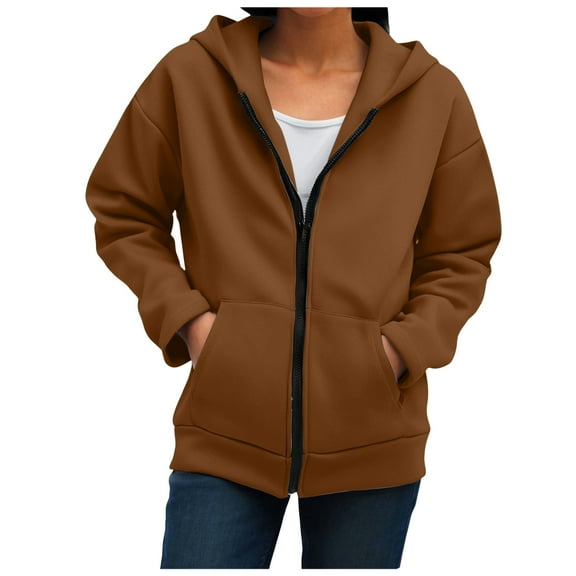 felwors Women's Zip Up Hoodies 2025 Oversized Sweatshirts Fashion Fall Hoodies Outfits with Pockets Long Sleeve Hooded Brown, L