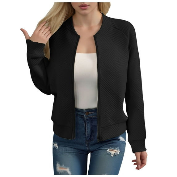 felwors Women's Zip Up Cropped Jacket Loose Long Sleeve Round Neck Lightweight Coat Casual Coarse Knitted Baseball Jacket Black, S
