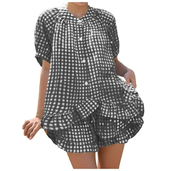 felwors Womens 2 Piece Gingham Pajama Set Summer Outfits 2025 Cute Ruffle Pajamas Plaid Cotton Pjs Short Sleeve Matching Set Black, L