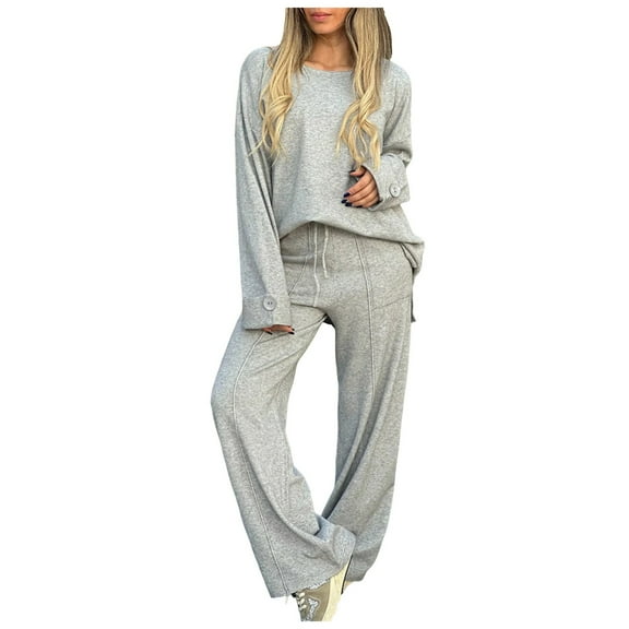 felwors Womens 2 Piece Outfits Fall Loose Long Sleeve Crewneck Tops and Wide Leg Long Pants Sweatsuit Lounge Sets with Pockets Grey, L