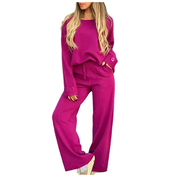 felwors Womens 2 Piece Outfits Fall Loose Long Sleeve Crewneck Tops and Wide Leg Long Pants Sweatsuit Lounge Sets with Pockets Hot Pink, M